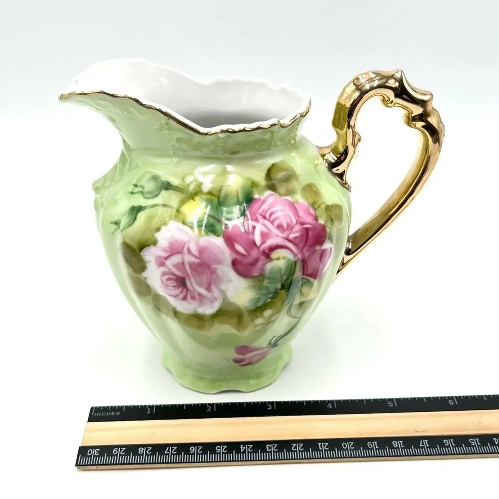 Vintage Lefton Green Heritage Roses Gold Trim Small Pitcher 4172‎ Hand Painted